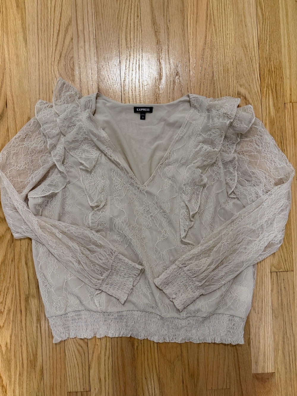 Express Lace Ruffle V-Neck Blouse — Light Beige (S-XL)